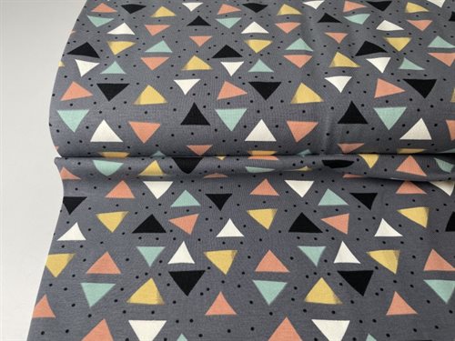 Bomuldsjersey - trekanter i støvede farver og små sorte prikker